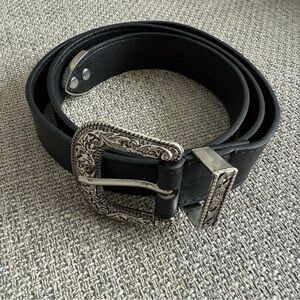 Men's Black Leather Belt with Silver Buckle